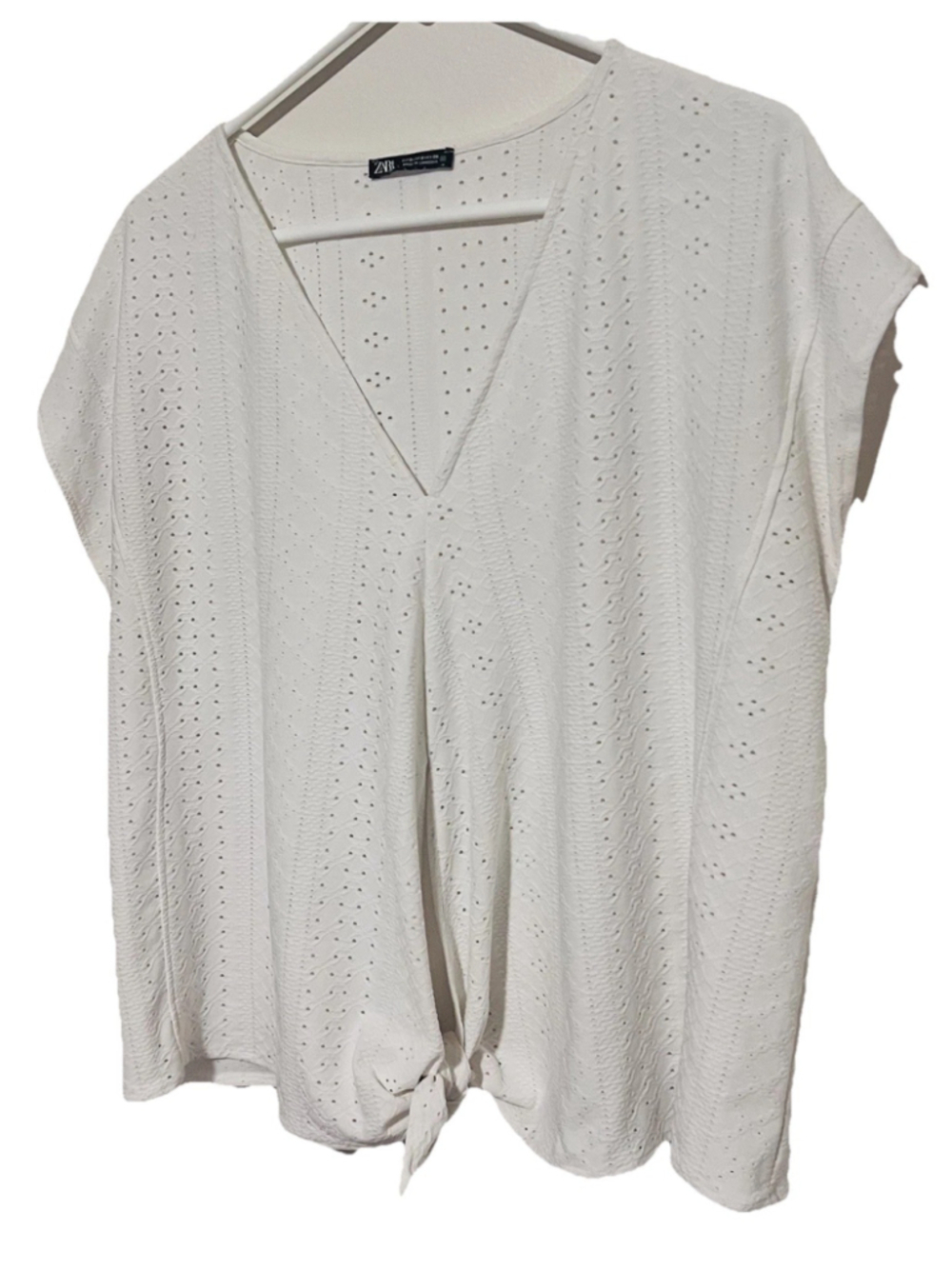 Zara Tie Front Eyelet Top Womens Small White Feminine Bohemian Cottagecore Shirt